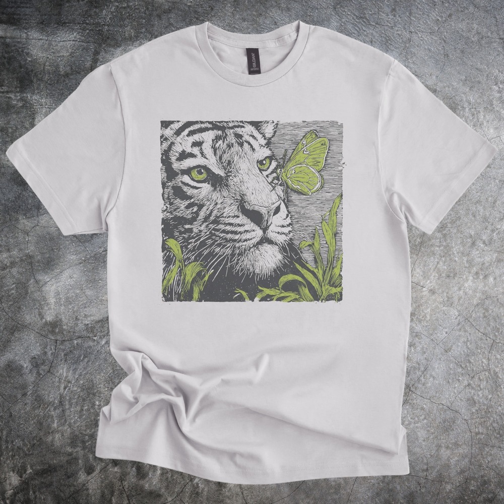 Striped Cat with Butterfly Graphic Tee Woodcut Art Style